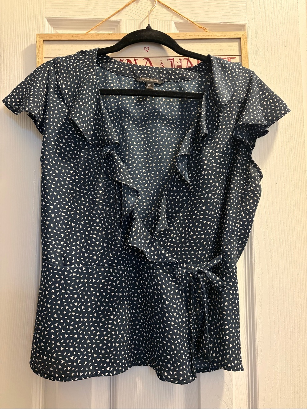 Banana Republic Navy Wrap Ruffle Blouse with White Micro Print